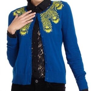 Anthropologie Teal Cardigan with Lime Peacock Feather Embroidery